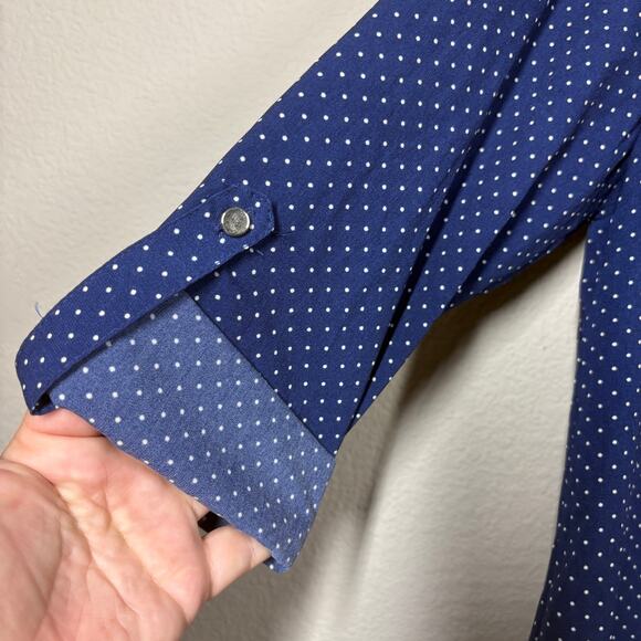 Notations Womens Size Large Polka Dot Button Up Shirt Navy Blue Roll Tab Sleeves - Picture 3 of 9